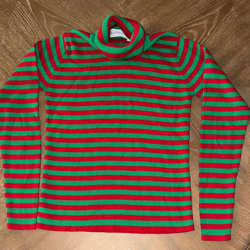Women Christmas BellePointe Red and Green Striped Turtleneck Sweater Size Small